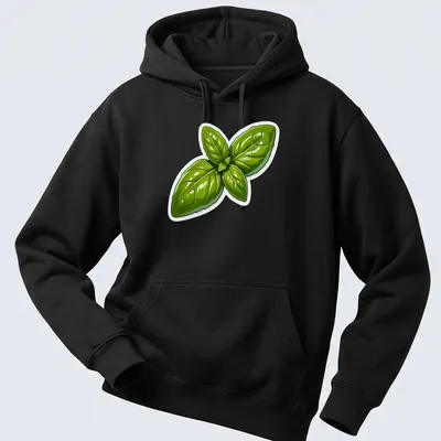 Cartoon illustration of vibrant green basil leaves on a — printed on a unisex hoodie