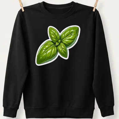 Cartoon illustration of vibrant green basil leaves on a — printed on a unisex sweatshirt