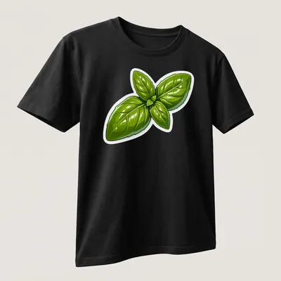 Cartoon illustration of vibrant green basil leaves on a — printed on a unisex t-shirt (angled view)