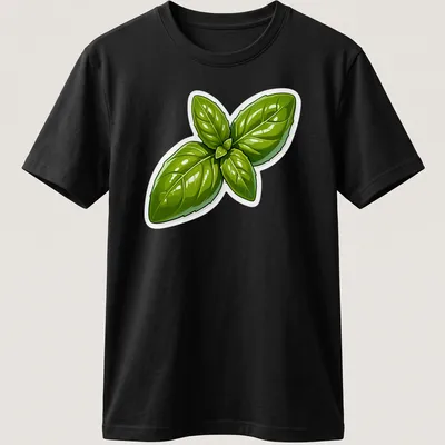 Cartoon illustration of vibrant green basil leaves on a t-shirt