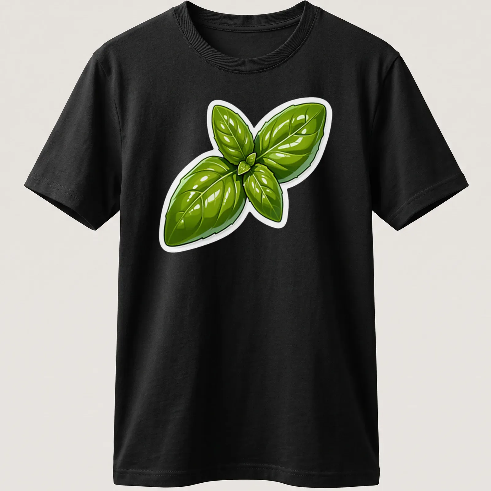 Cartoon illustration of vibrant green basil leaves on a — printed on a unisex t-shirt