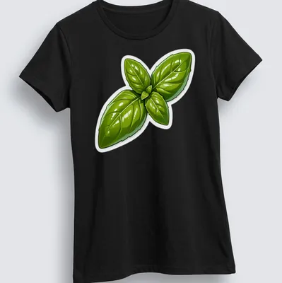 Cartoon illustration of vibrant green basil leaves on a — printed on a women's shirt