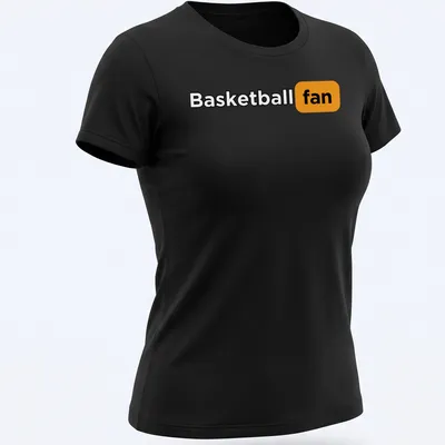 Bold Basketball Fan t-shirt with modern typography in black, orange, and white — printed on a women's shirt