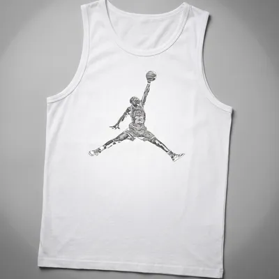Silhouette of a basketball player dunking with text 'Jordan Air' below in black and white — printed on a tank top