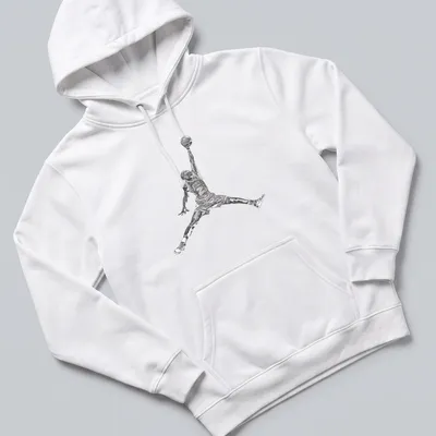 Silhouette of a basketball player dunking with text 'Jordan Air' below in black and white — printed on a unisex hoodie