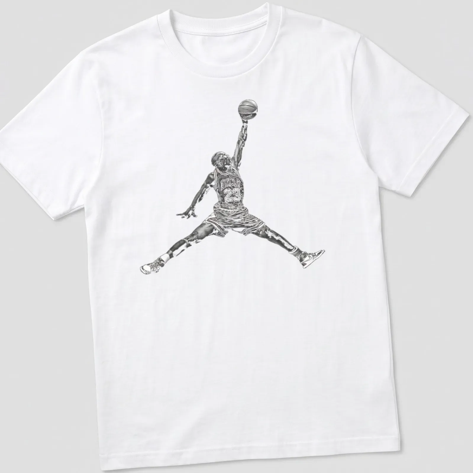 Silhouette of a basketball player dunking with text 'Jordan Air' below in black and white — printed on a unisex t-shirt
