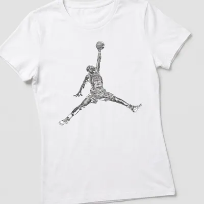 Silhouette of a basketball player dunking with text 'Jordan Air' below in black and white — printed on a women's shirt