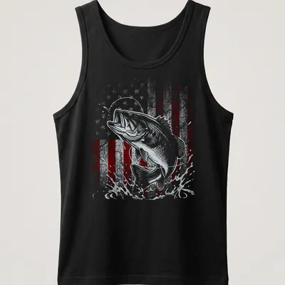 Distressed vintage design of a bass fish jumping with an American flag in red, white, and blue. — printed on a tank top