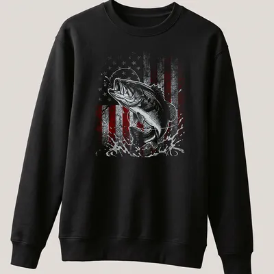 Distressed vintage design of a bass fish jumping with an American flag in red, white, and blue. — printed on a unisex sweatshirt
