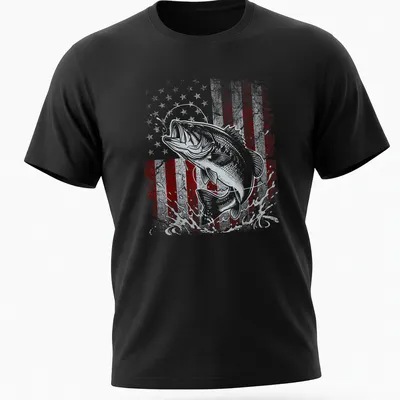 Distressed vintage design of a bass fish jumping with an American flag in red, white, and blue.