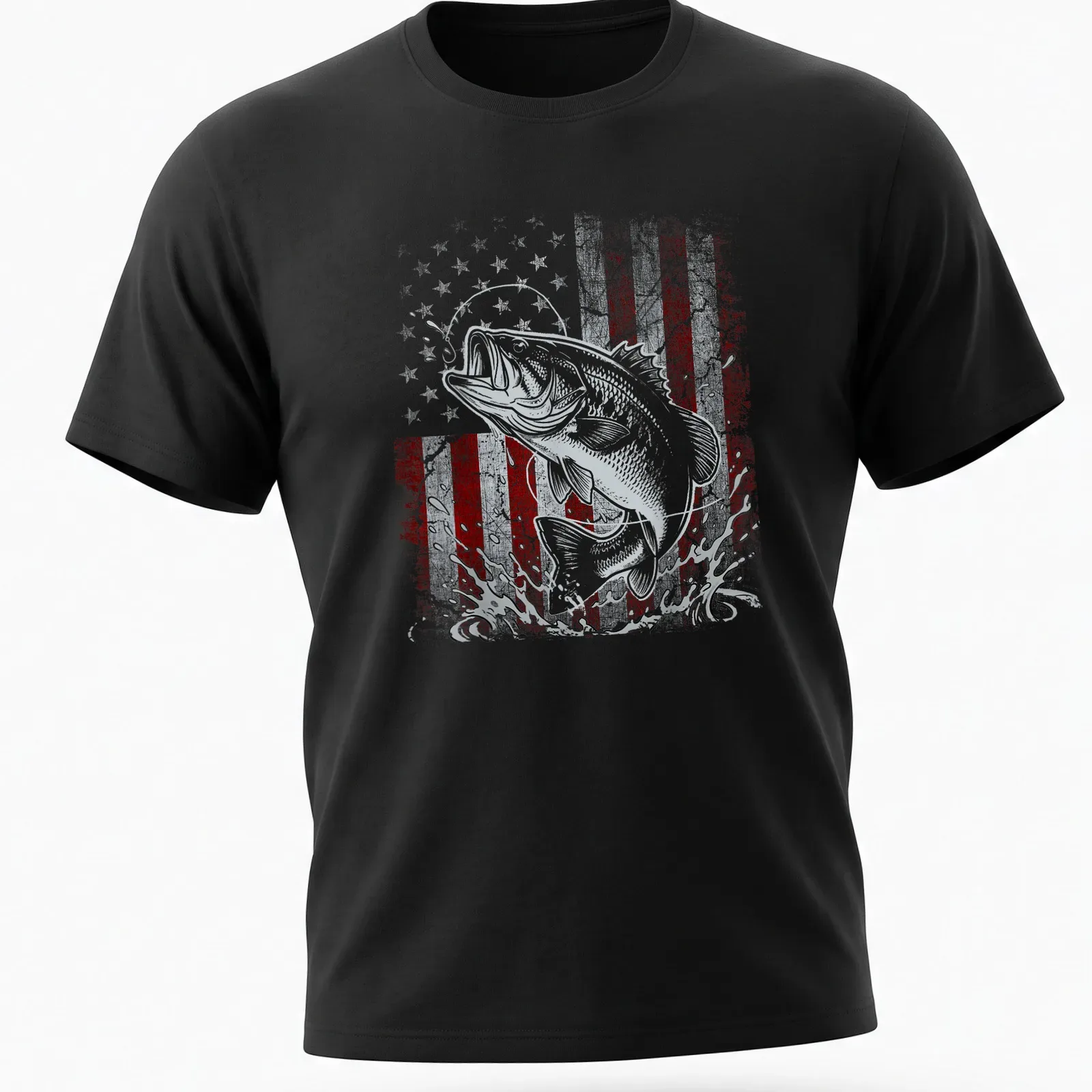 Distressed vintage design of a bass fish jumping with an American flag in red, white, and blue. — printed on a unisex t-shirt