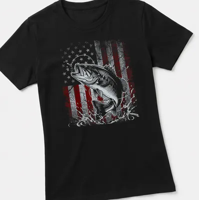 Distressed vintage design of a bass fish jumping with an American flag in red, white, and blue. — printed on a women's shirt