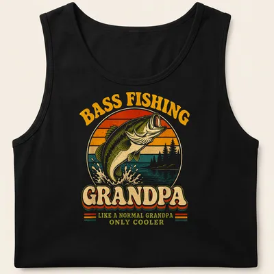 Retro distressed t-shirt with humorous bass fishing text and a bass fish graphic — printed on a tank top
