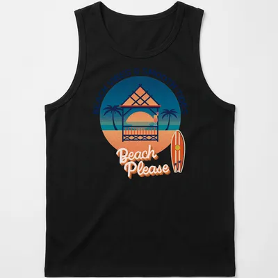 Vintage tropical t-shirt featuring beach gazebo, cocktail, surfboard, and playful text — printed on a tank top