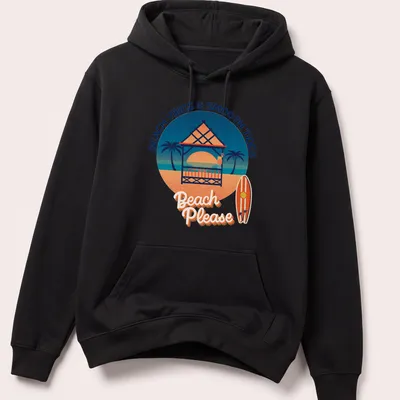 Vintage tropical t-shirt featuring beach gazebo, cocktail, surfboard, and playful text — printed on a unisex hoodie