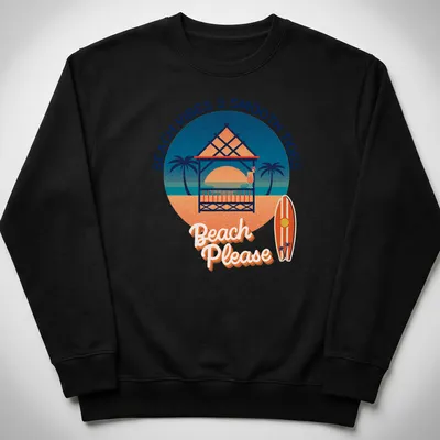Vintage tropical t-shirt featuring beach gazebo, cocktail, surfboard, and playful text — printed on a unisex sweatshirt