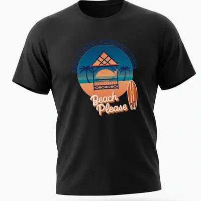 Vintage tropical t-shirt featuring beach gazebo, cocktail, surfboard, and playful text