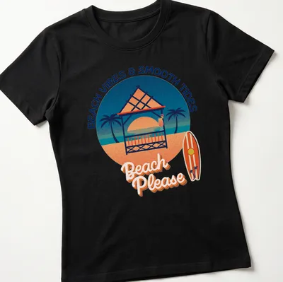 Vintage tropical t-shirt featuring beach gazebo, cocktail, surfboard, and playful text — printed on a women's shirt