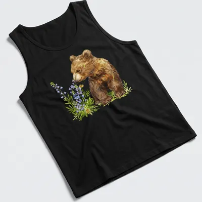 Watercolor bear cub surrounded by vibrant flowers in brown, green, purple, and yellow — printed on a tank top
