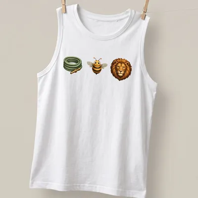 Cartoon illustration of a bee, garden hose, and lion in bright colors — printed on a tank top