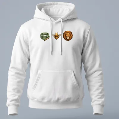 Cartoon illustration of a bee, garden hose, and lion in bright colors — printed on a unisex hoodie