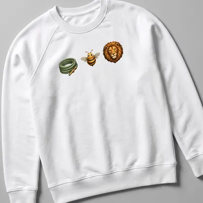 Cartoon illustration of a bee, garden hose, and lion in bright colors — printed on a unisex sweatshirt