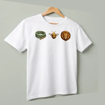 Cartoon illustration of a bee, garden hose, and lion in bright colors — printed on a unisex t-shirt (angled view)