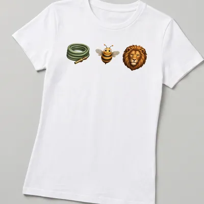 Cartoon illustration of a bee, garden hose, and lion in bright colors — printed on a women's shirt