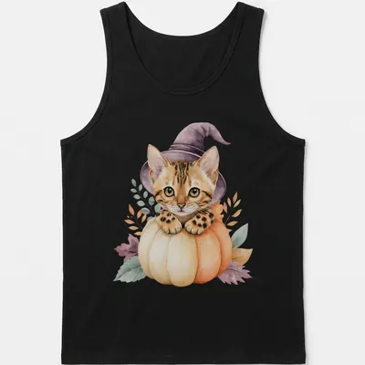 Watercolor Bengal cat in a pumpkin witch hat surrounded by autumn leaves — printed on a tank top