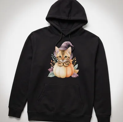 Watercolor Bengal cat in a pumpkin witch hat surrounded by autumn leaves — printed on a unisex hoodie