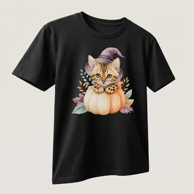 Watercolor Bengal cat in a pumpkin witch hat surrounded by autumn leaves — printed on a unisex t-shirt (angled view)
