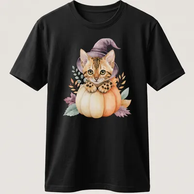 Watercolor Bengal cat in a pumpkin witch hat surrounded by autumn leaves