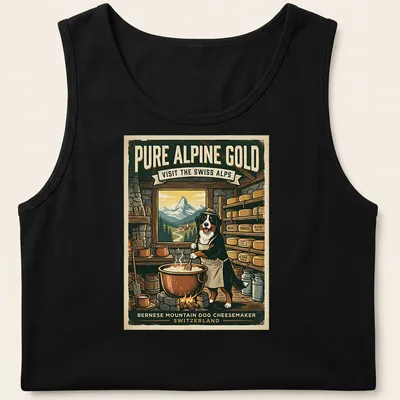 Vintage illustration of a Bernese Mountain Dog with alpine landscape and cheese theme — printed on a tank top