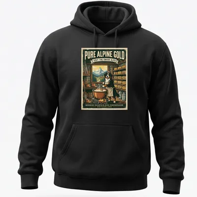 Vintage illustration of a Bernese Mountain Dog with alpine landscape and cheese theme — printed on a unisex hoodie