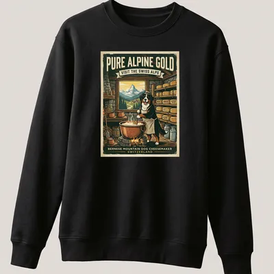 Vintage illustration of a Bernese Mountain Dog with alpine landscape and cheese theme — printed on a unisex sweatshirt