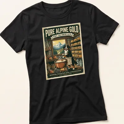 Vintage illustration of a Bernese Mountain Dog with alpine landscape and cheese theme — printed on a women's shirt