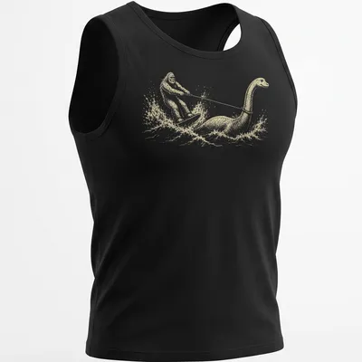 Whimsical retro design of Bigfoot water skiing behind Nessie in cream and light beige — printed on a tank top