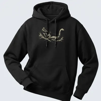 Whimsical retro design of Bigfoot water skiing behind Nessie in cream and light beige — printed on a unisex hoodie