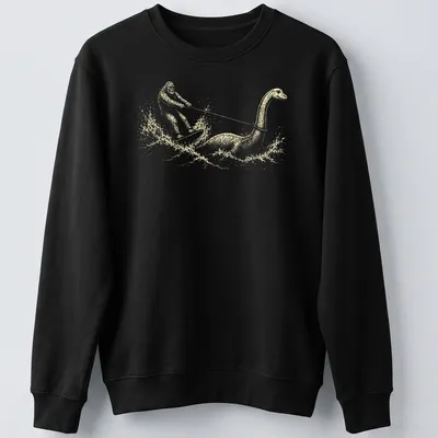 Whimsical retro design of Bigfoot water skiing behind Nessie in cream and light beige — printed on a unisex sweatshirt