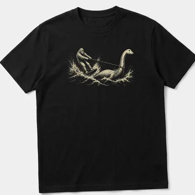 Whimsical retro design of Bigfoot water skiing behind Nessie in cream and light beige