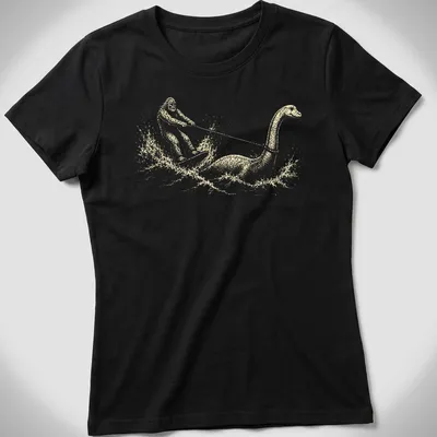 Whimsical retro design of Bigfoot water skiing behind Nessie in cream and light beige — printed on a women's shirt