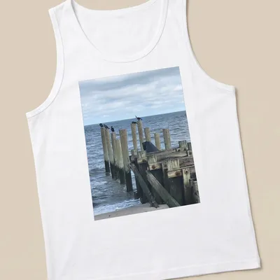 Photographic t-shirt featuring birds on wooden posts with the text Calling All Bird Friends. — printed on a tank top
