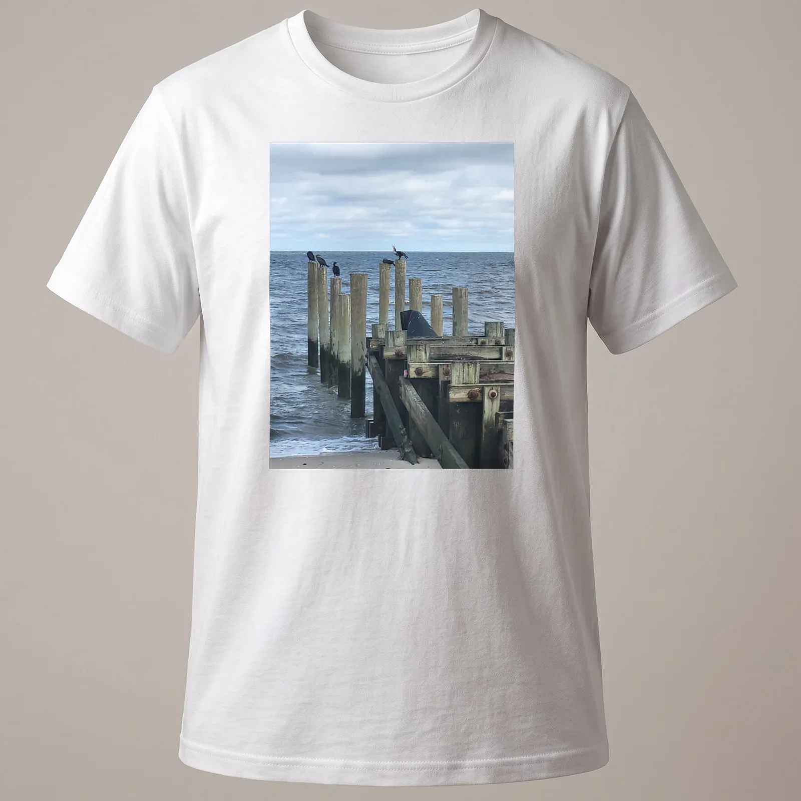 Photographic t-shirt featuring birds on wooden posts with the text Calling All Bird Friends. — printed on a unisex t-shirt
