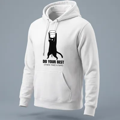 Minimalist black and white cat holding a glass with a motivational phrase. — printed on a unisex hoodie