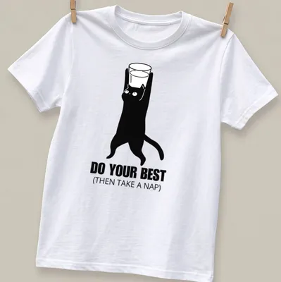 Minimalist black and white cat holding a glass with a motivational phrase.