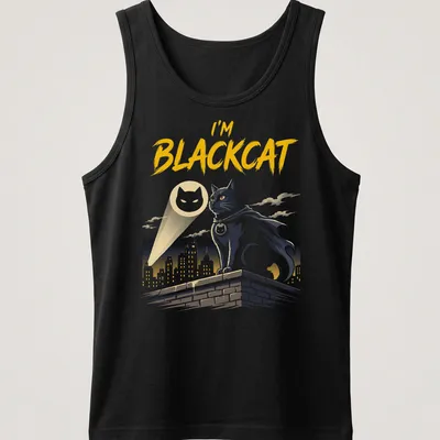Comic-style Black Cat superhero design featuring 'I'm BLACKCAT' text — printed on a tank top