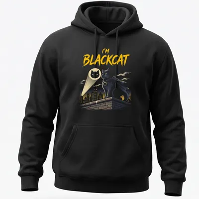 Comic-style Black Cat superhero design featuring 'I'm BLACKCAT' text — printed on a unisex hoodie