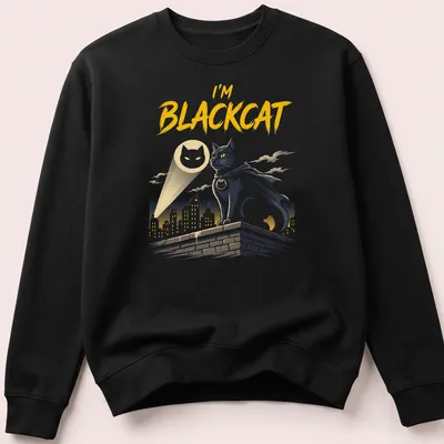 Comic-style Black Cat superhero design featuring 'I'm BLACKCAT' text — printed on a unisex sweatshirt