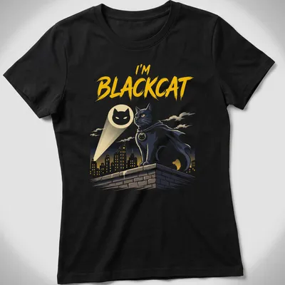 Comic-style Black Cat superhero design featuring 'I'm BLACKCAT' text — printed on a women's shirt