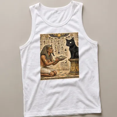 Detailed illustration of a cat and pharaoh, with text saying 'Not Impressed' — printed on a tank top